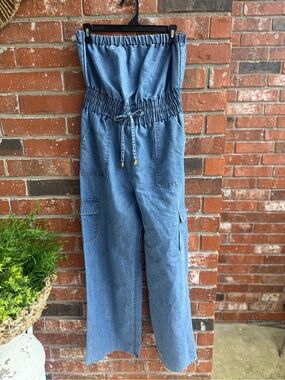 Indulge Brand Denim Strapless Utility Jumpsuit